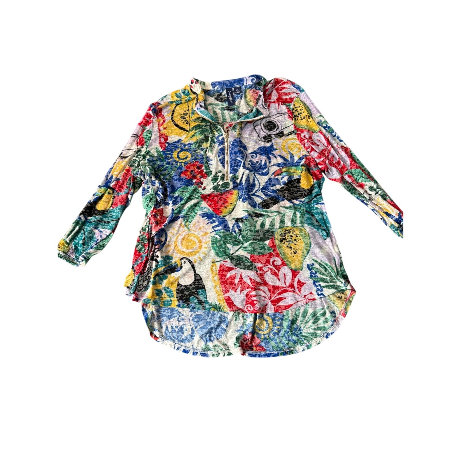 Casey Key Tropical Toucan Fruit Print Quarter Zip Top Womens Xl Multicolor